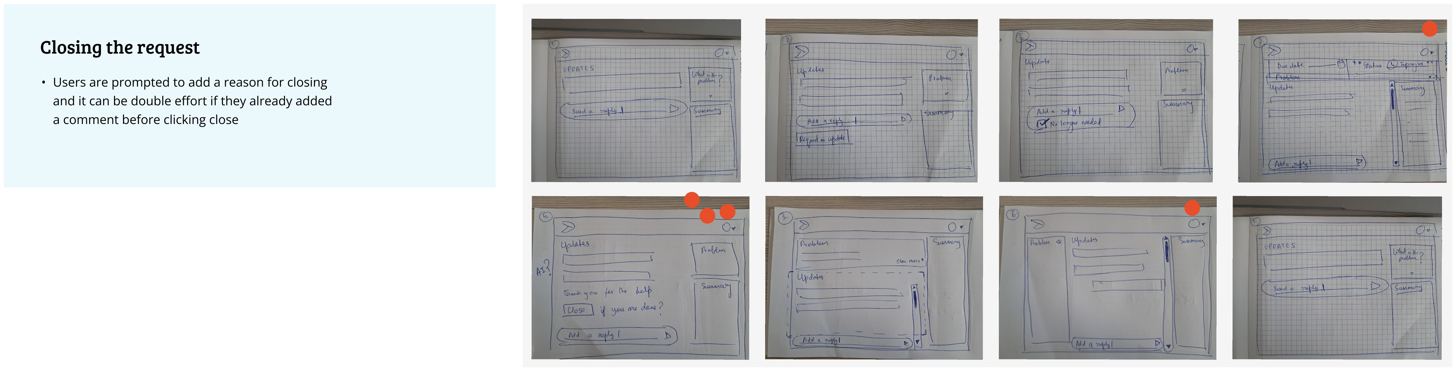 Crazy 8 exercise for closing a ticket: problem statement and eight sketched variations of the incident card