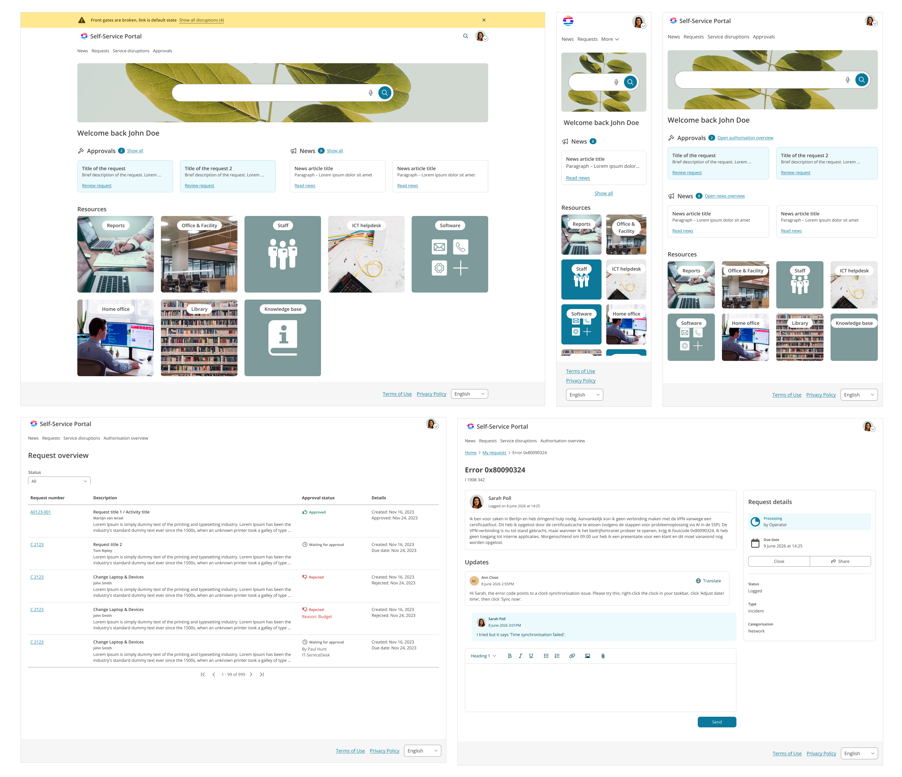Final designs of the Self-Service Portal: homepage on desktop and mobile, request overview, and incident card