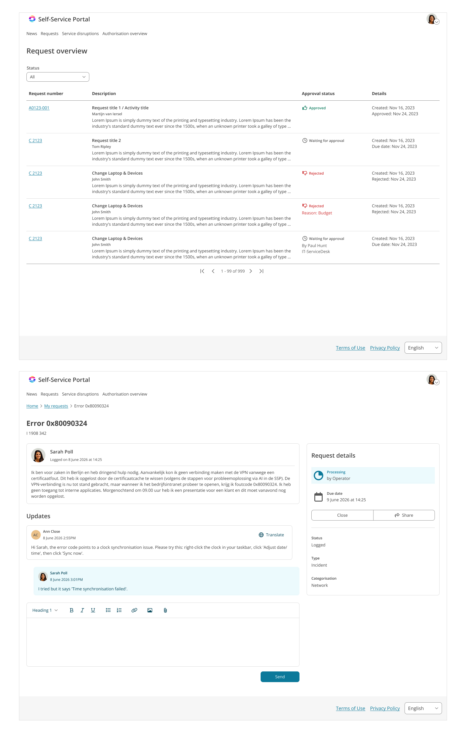 Final designs: Request overview with approval statuses, and an incident detail page with updates thread and request details panel