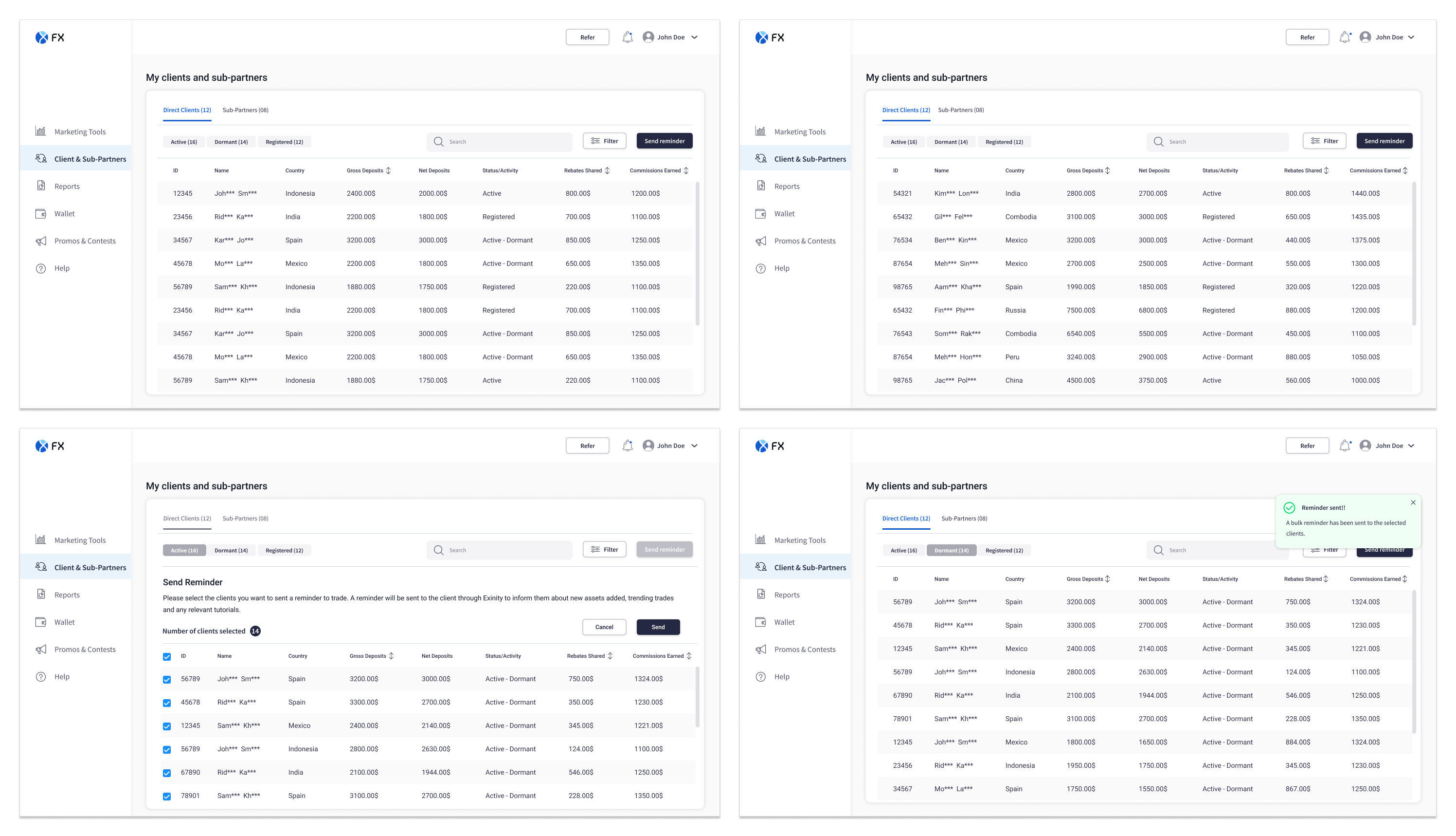 Clients and sub-partners screens: sortable client table, bulk send-reminder flow, and confirmation toast